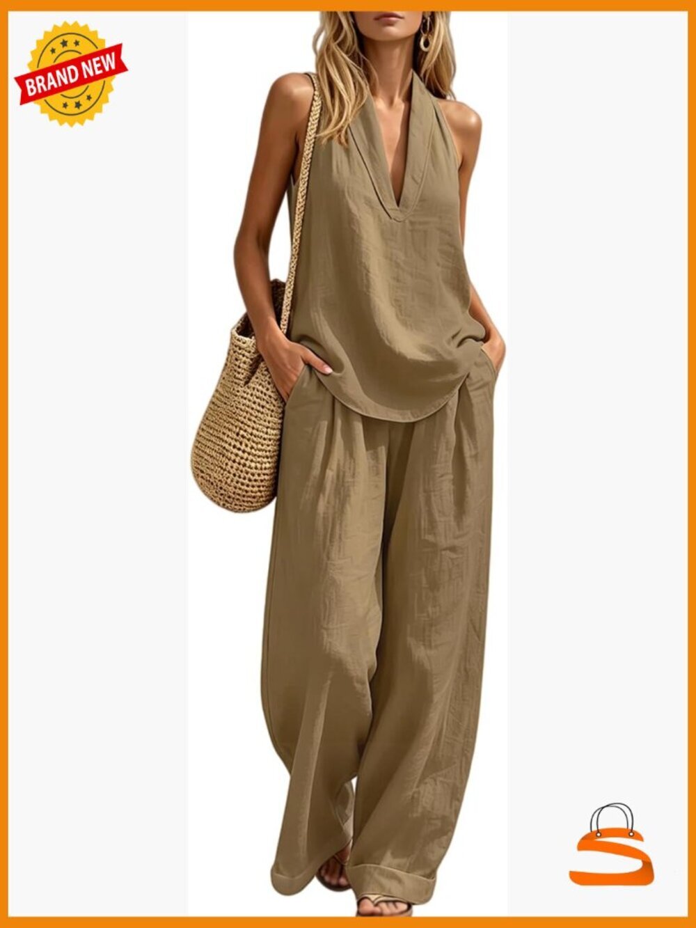 Boho Linen 2 Piece Set - Sleeveless Halter Top & Wide Leg Pants